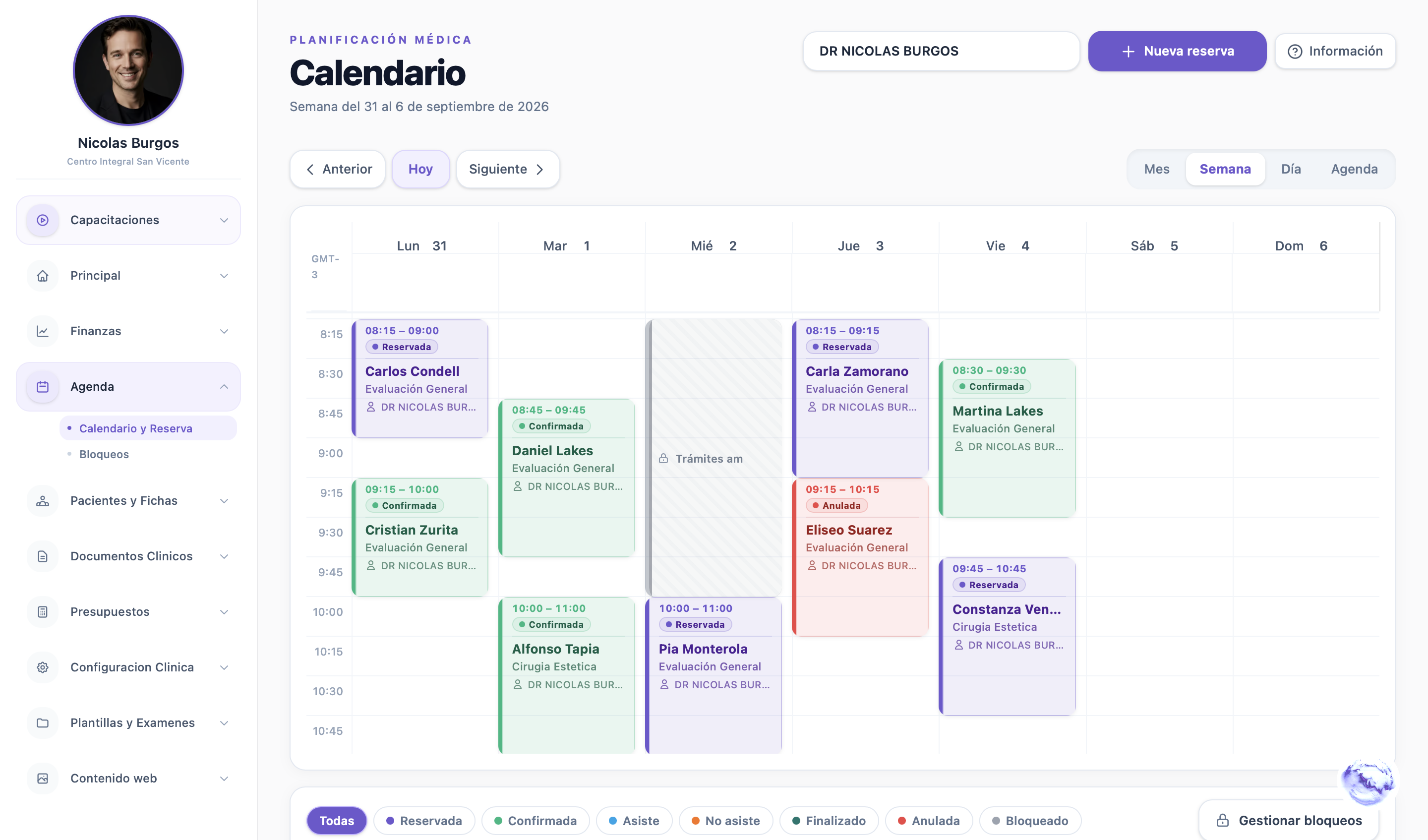 Calendario semanal de AgendaClinica